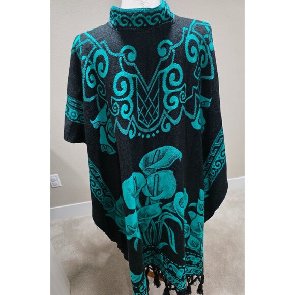 Vintage Mexican Poncho Black & Teal Floral Embroidered Wool Blend One Size Fits - Picture 5 of 8
